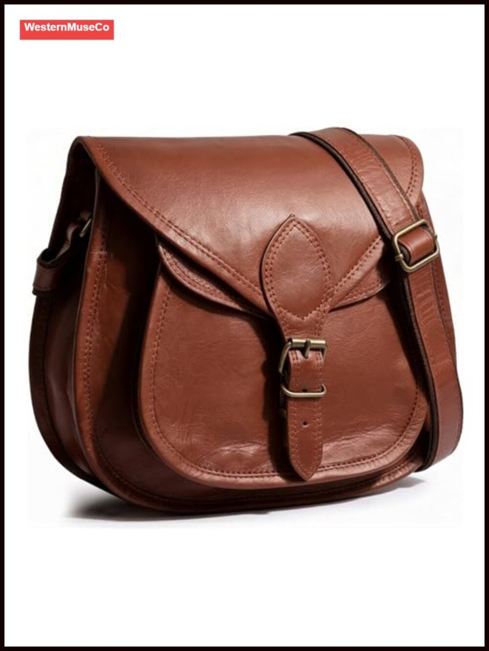 Full-Grain Goat Leather Crossbody Saddle Bag Travel Purse Adjustable Strap